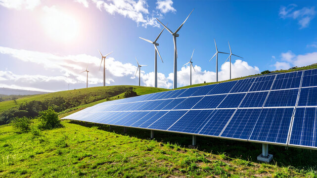 Modern wind turbine and solar panels on a green hill under bright sky, eco-friendly concept, realistic lighting, 16:9 ratio, high resolution (3000x1688 px)