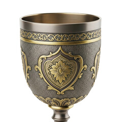 A beautifully crafted metal goblet with ornate golden patterns and a textured body, ideal for decorative or ceremonial use.