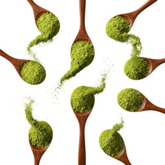 Dynamic arrangement of green powder spilling from wooden spoons, ideal for healthy ingredients, superfoods, or culinary concepts.