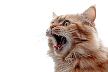 Angry and surprised cat displaying intense emotions with its mouth wide open against a transparent background during a playful moment