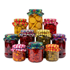 A vibrant collection of homemade preserved fruits and pickled vegetables in various glass jars, each topped with a decorative fabric lid, showcasing traditional food storage.