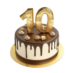 3D golden number 10 on top of a cake, isolated on a transparent background
