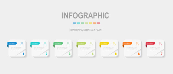 For business concept with 7 steps infographics,  rectangle shape with multicolor label,  design for workflow layout, diagram, annual report, web design. vector