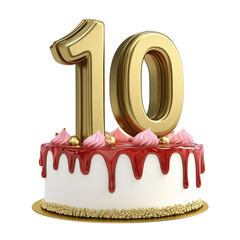 3D golden number 10 on top of a cake, isolated on a transparent background (3)