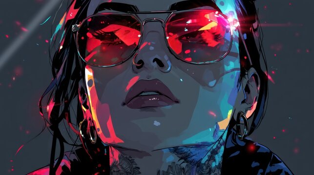 Aesthetic cyberpunk illustration of a tattooed woman wearing reflective sunglasses, glowing neon lights reflecting off her face, deep city shadows, and techwear fashion