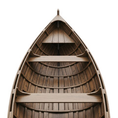 Empty wooden rowboat bow, viewed from above, showcasing its rustic interior. Ideal for nautical or heritage themes.