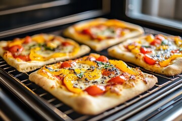 Delicious homemade square pizzas with fresh vegetables baking in the oven, showcasing vibrant colors and inviting textures, perfect for food lovers and culinary enthusiasts.