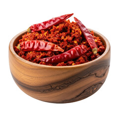 A vibrant red chili paste in a wooden bowl, garnished with dried red chilies. Ideal for adding a spicy kick to meals and culinary designs.