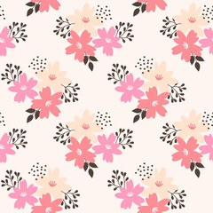 Seamless Floral Pattern with Pink, Peach and Cream Flowers on Light Background Vector Illustration
