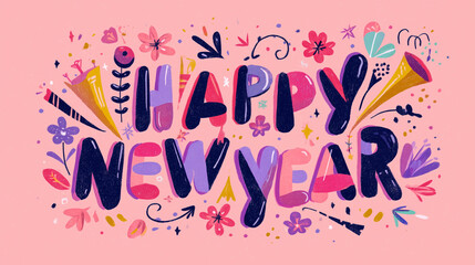 Obraz premium Cute background wallpaper with Happy New Year logo and flowers