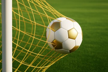 Fototapeta premium Golden soccer ball hitting yellow goal net on green grass field with bright light and sports lifestyle concept in dynamic action moment.