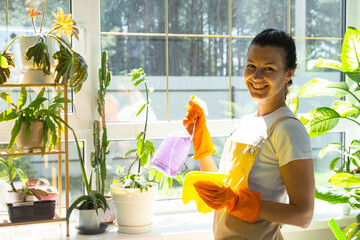 Woman Portrait in rubber gloves and apron manually washes window of house with rag cleaner and mop inside interior with home plants. Restoring order and cleanliness in spring, cleaning servise