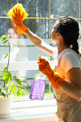 Woman in rubber gloves and apron manually washes window of house with rag cleaner and mop inside interior with home plants on windowsill. Restoring order and cleanliness in spring, cleaning servise