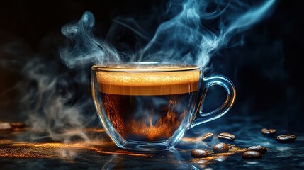 Hot Coffee Cup with Steam and Coffee Beans