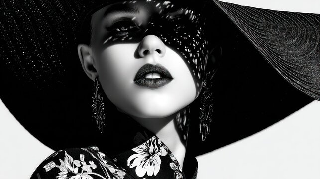 Artistic black and white close-up of a stylish woman with bold eye makeup, floral-patterned attire, decorative body art, and an elaborate wide-brimmed hat casting dramatic shadows