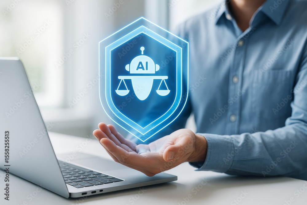 Poster futuristic ai and justice concept with hologram symbol above open hand near laptop on bright tech ba