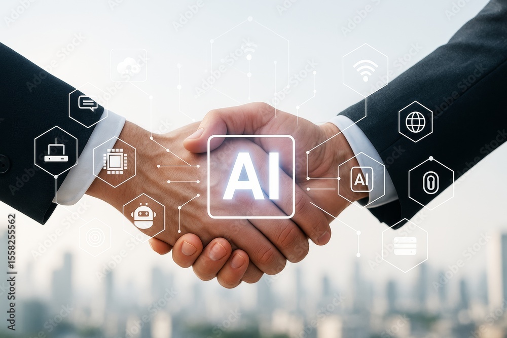 Poster business handshake symbolizing ai collaboration with futuristic technology icons on light background