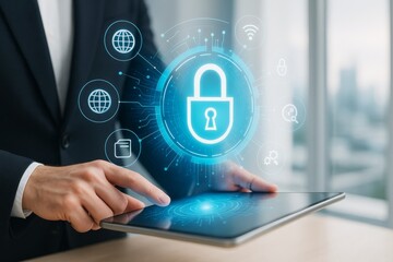 Businessman using tablet with glowing padlock hologram symbolizing cybersecurity and data protection in modern digital environment concept.