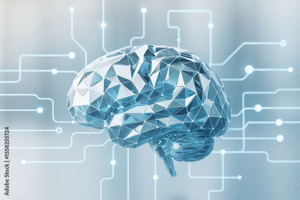 Poster Futuristic geometric brain model with tech connections on light abstract background representing artificial intelligence and neural networks concept.