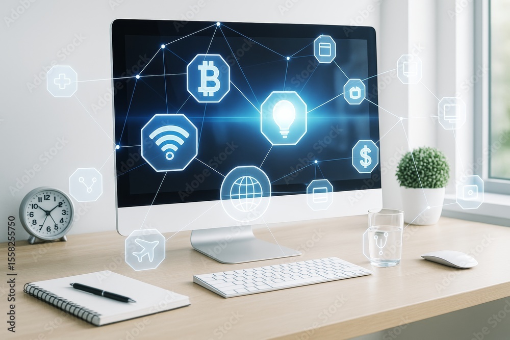 Poster Modern desktop with glowing tech network icons and digital connections on screen in bright workspace environment with creative light background.