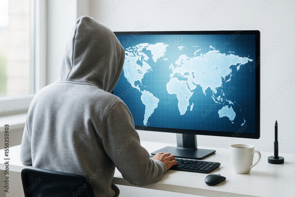 Aufkleber Hacker in hoodie using computer with global map on screen at modern desk in bright room, symbolizing cybercrime and tech threats worldwide.
