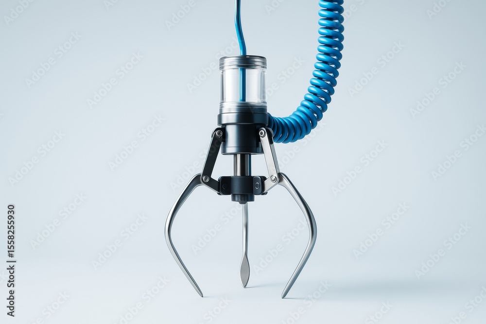 Aufkleber futuristic robotic claw arm with blue coiled cable on soft light background, representing advanced t