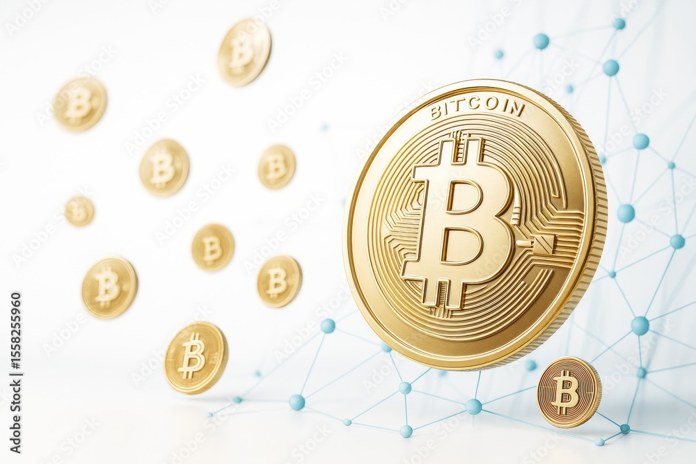 Poster Golden bitcoin coins floating in abstract blockchain network on white background, symbolizing digital currency and financial technology concept.