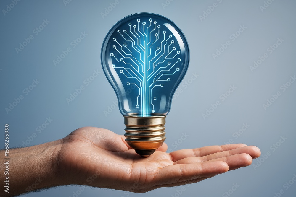 Poster Futuristic technology light bulb with circuit tree design hovering above an open hand on a gradient background, symbolizing creative innovation concept.