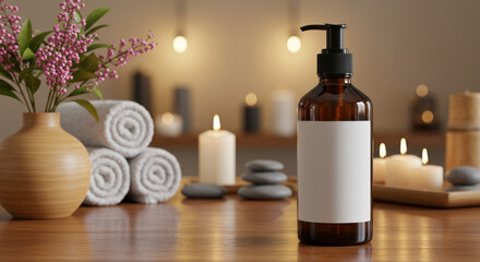 Spa scene featuring a lotion bottle, rolled towels, flowers, candles, and stones on a wooden surface.
