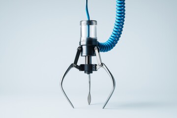 Futuristic robotic claw arm with blue coiled cable on soft light background, representing advanced technology and automation concept.