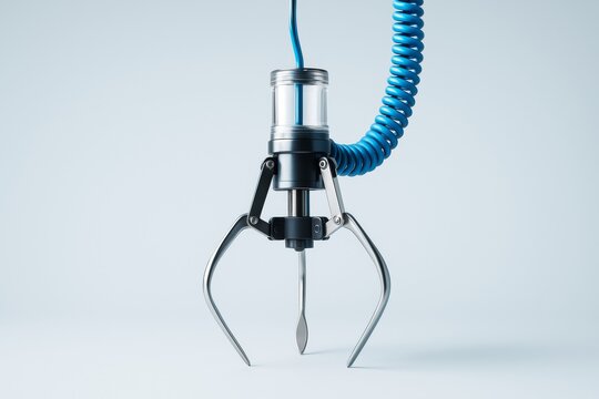Futuristic robotic claw arm with blue coiled cable on soft light background, representing advanced technology and automation concept.