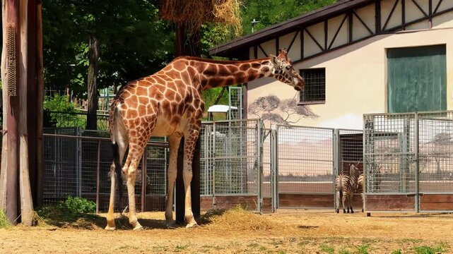 Giraffe stands tall in a zoo enclosure. A giraffe stretches its neck in a zoo while a zebra observes from a nearby pen on a sunny day.