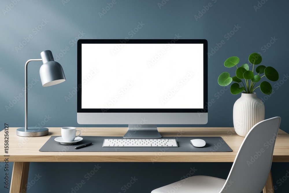 Aufkleber Minimal workspace with modern computer screen on desk, blank white display for mockup or design preview in clean office setting for business use.