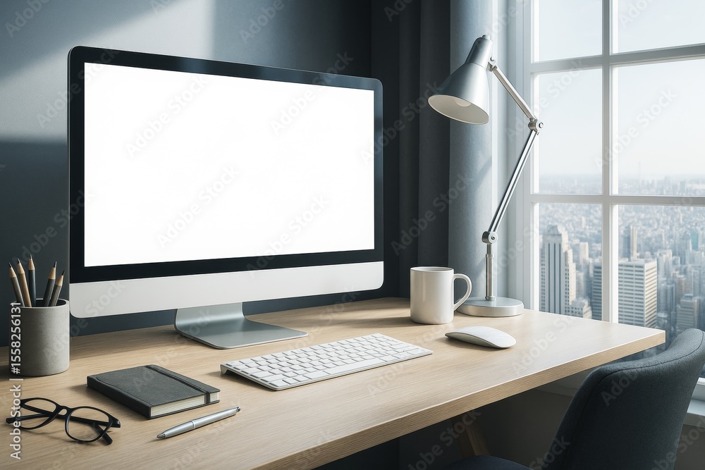 Poster Modern workspace with blank computer screen on wooden desk near window with city view used for copy space or technology advertising mockup template.