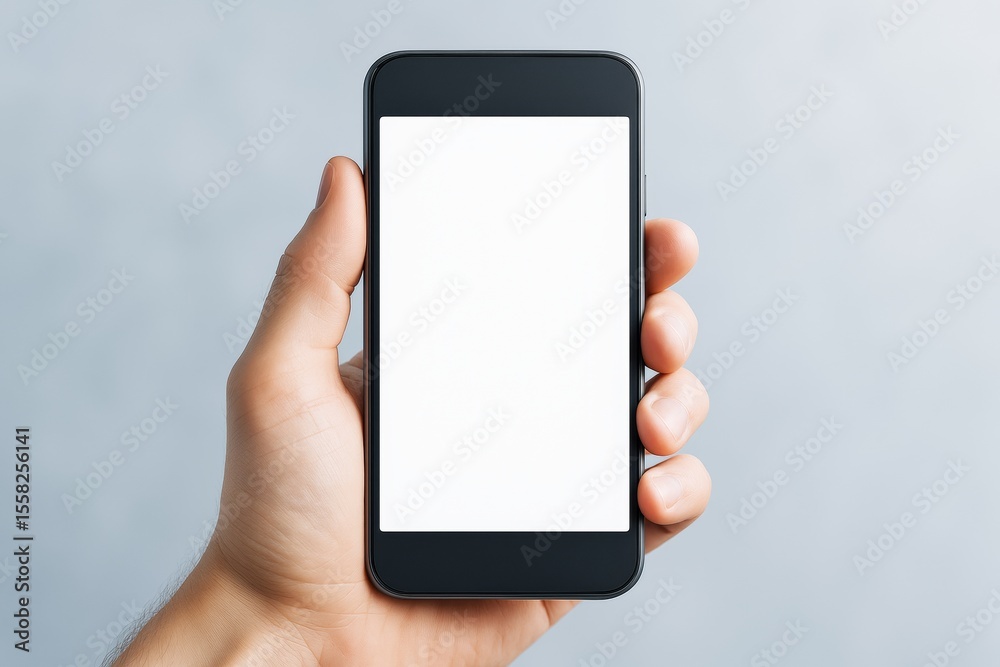 Poster Close-up of hand holding smartphone with blank screen for copy space or app display on light background, ideal for business or design mockup use.