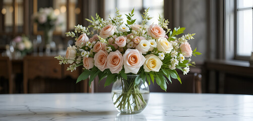 Fototapeta premium Floral arrangement graces a marble tabletop, featuring peach roses, ivory blooms, and delicate white filler flowers in a clear glass vase.