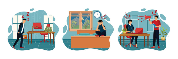 Sleep deprivation concept. Sleep behavior disorder. Work pressure.
