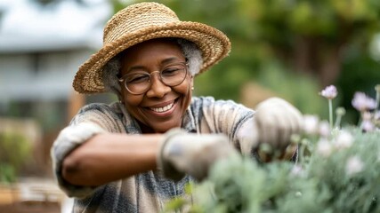 A cheerful older woman works in her garden, tending to blooming flowers and lush plants. She wears a straw hat and a cozy shirt while enjoying her time outdoors - Powered by Adobe