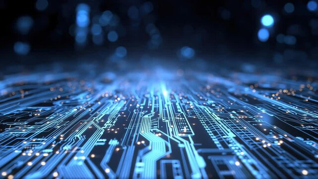 In a mesmerizing digital landscape, intricate circuit patterns come to life with glowing lights