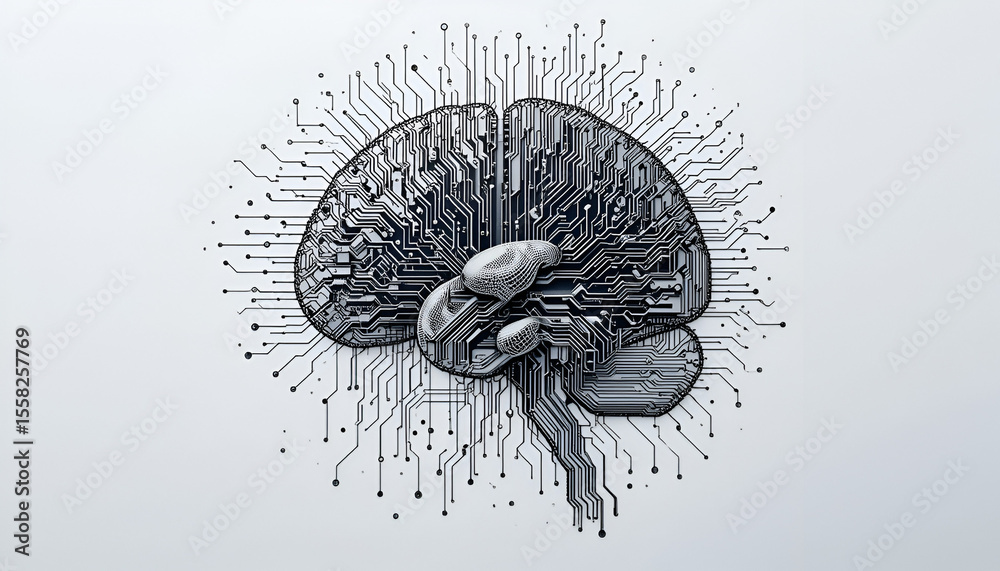 Poster digital brain art shows connectivity and artificial intelligence, with circuitry design enhancing ne