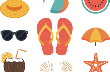 Illustration of summer beach items including hat and sunglasses