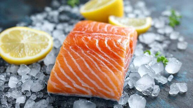 A vibrant salmon fillet rests on a bed of ice, complemented by slices of lemon. Fresh herbs are also present, enhancing the visual appeal in the kitchen