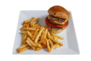 Barbecue burger and fries ready to serve, isolated on white background