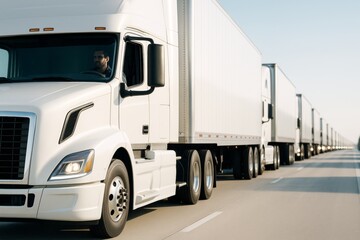 Convoy of white semi trucks driving on highway under clear sky in bright light, showcasing modern long-haul transport fleet in motion.