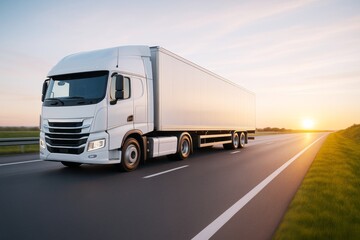 White cargo truck driving on highway at sunset with empty trailer and clean design concept for branding or advertising template background.