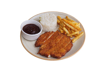 Ready to serve chicken sintzel, french fries and rice, isolated on white background