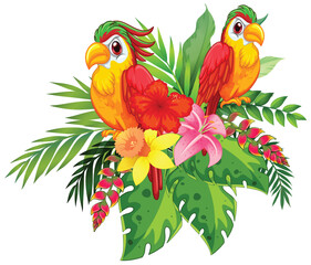 Colorful Birds with Tropical Flowers Illustration