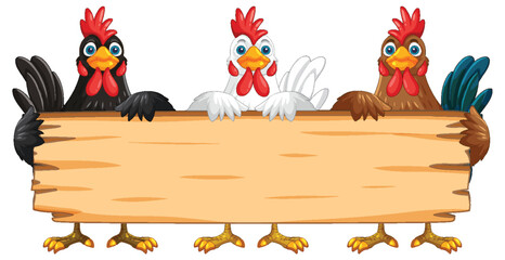 Chickens Holding a Wooden Sign