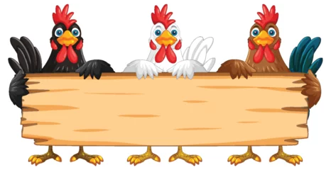  Chickens Holding a Wooden Sign © GraphicsRF