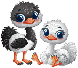 Adorable Baby Ostriches in Cartoon Style